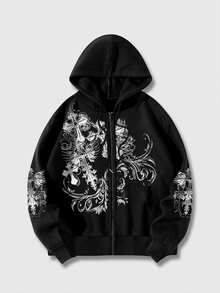 ROMWE MEN Goth Men's Cross Print Zip-Up Hoodie Without Pockets - Black - View 1