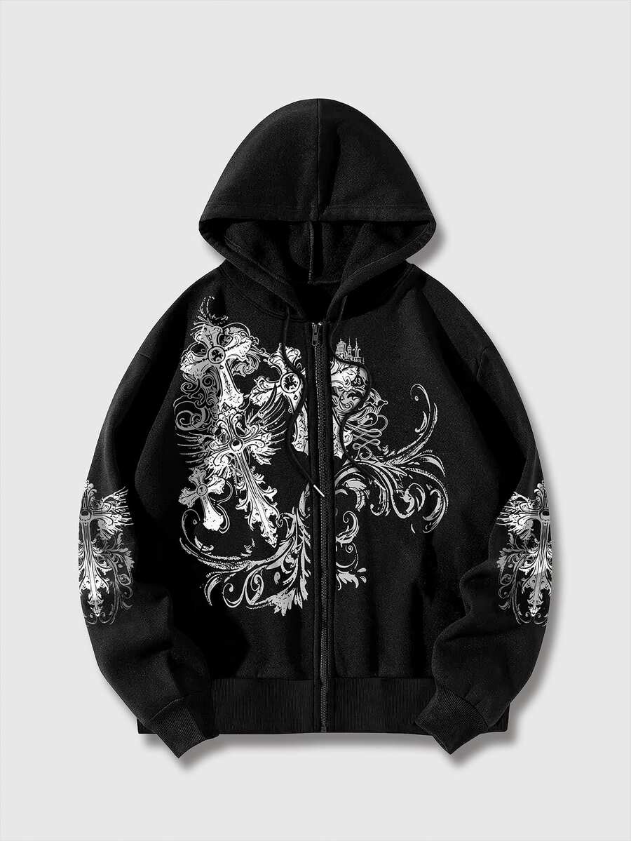 ROMWE MEN Goth Men's Cross Print Zip-Up Hoodie Without Pockets - Black - View 1