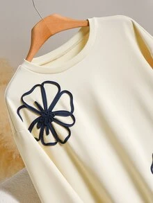 CosyJoli Women's 3D Floral Decor Crew Neck Long Sleeve Sweatshirt - Apricot - View 3