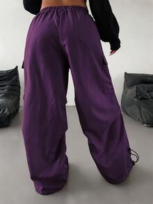 POPSWAY Plus Size Casual Loose Drawstring Cargo Pants - Purple - View 2