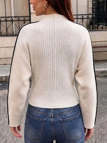 Ritzy Row Women Fall Winter New Crew Neck Textured Batwing Long Sleeve Pullover Sweater, Black Contrast Trim Casual Knit Top - Multicolor - View 6