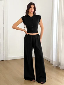 SHEIN Tall 女款卡其色單排扣短袖針織上衣與長褲2件套，適合夏季度假、機場穿搭 - 黑色 - 查看 4