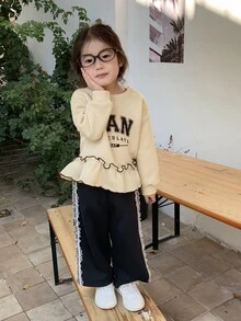 DAZY بلوزة رياضية للأطفال الرضع/الصغار (بنات) بنمط مربعات وأكمام طويلة بأسلوب كوري مع حافة مكشكشة لفصل الخريف/الشتاء - كاكي - مشاهدة 6