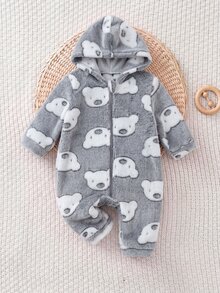SHEIN 新生兒男嬰/女嬰可愛秋冬休閒白色毛茸茸卡通熊圖案連帽連身衣居家服 - 灰色 - 查看 8