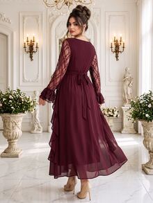 Roveilla Gaun Panjang Wanita Ukuran Besar Elegan Bergaya Vintage Romantis untuk Pesta Pernikahan, Bahan Chiffon Warna Polos, Leher Bulat, Lengan Berenda Kontras, Desain Ruffle, Musim Gugur/Dingin - Burgundy - View 2