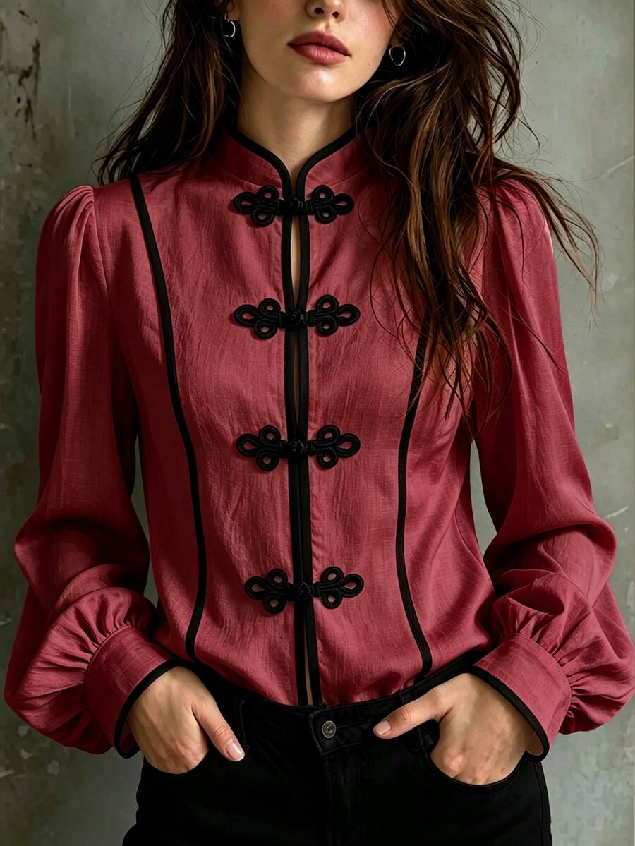 SHEIN 2026 New Chinese Style Stand Collar Frog Button Long Sleeve Shirt ...