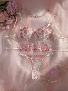 Crystal Vow 2件組 酒紅色玫瑰刺繡鋼圈內衣與內褲套裝 女款 - 粉色 - 查看 3