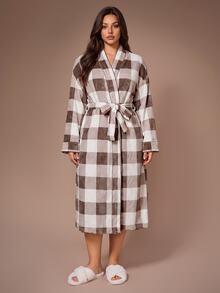 Lazeform Casual Plaid Print Long Sleeve Long Robe Plus Size - Multicolor - View 5
