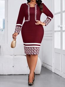 SHEIN Lady Plus Size Elegant Geometric Print Long Sleeve Autumn Dress - Burgundy - View 5