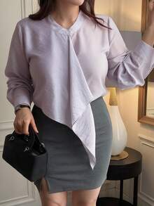 Dazy Plus Solid Color Loose Fit Asymmetrical Collar Long Sleeve Elegant Formal Vacation Spring Autumn Blouse Shirt - Dusty Purple - View 3