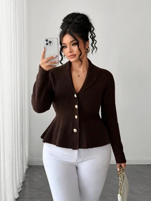 Elenzga Plus Size Women's Solid Color Casual Versatile Daily Cardigan - Coffee Brown - View 4