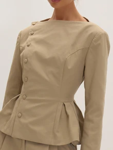 MUSEYN Stone Woven Peplum Hem Blazer Versatile Everyday Casual Chic New Season Fall - Khaki - View 6