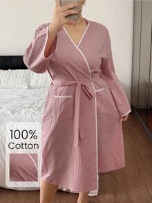 Napfluff CURVE Napfluff CURVE Minimalist Contrast Trim Tie Waist Plus Size Double Pocket Women's Robe - Pink - View 4