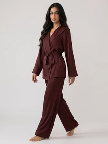 DAZY Women's Solid Color Long Sleeve Waist Knot Top And Long Pants Pajama Set - Brown - View 5