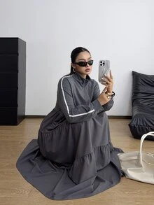 POPSWAY Plus Size Casual Zipper Half-Placket Striped Sweatshirt Dress - Dark Grey - View 6