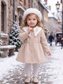 SHEIN Cute Colorblock Peter Pan Collar Long Coat For Baby Girls - Apricot - View 4