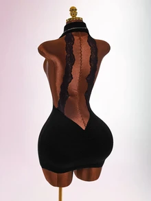 Amplova Women's Knit Long Sleeve Backless Fitted Bodycon Mini Dress With Flare Sleeves - Black - View 1