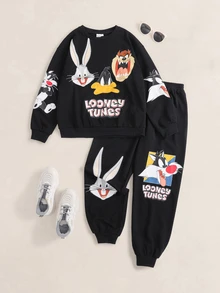 LOONEY TUNES X SHEIN Tween Boy Crew Neck Long Sleeve Sweatshirt And Sweatpants Casual Set - Black - View 1