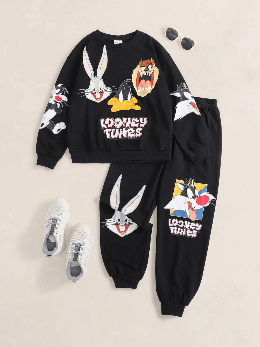 LOONEY TUNES X SHEIN Tween Boy Crew Neck Long Sleeve Sweatshirt And Sweatpants Casual Set - Black - View 1