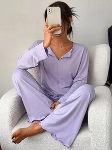DAZY طقم بيجامة نسائي بلون موحد بأكمام طويلة ولباس علوي وبنطلون - الأرجواني - مشاهدة 8