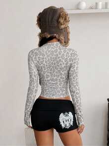 Coolane Women's Fall Streetwear Cozy Chic Gray Animal Print Fitted Cropped Zip-Front Deep V-Neck Long Sleeve Knit Polyester Jacket - Light Grey - View 7