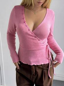 Dazy Plus Deep V-Neck Long Sleeve Base Layer Pink Elegant Casual T-Shirt For Girls, Fuchsia Asymmetric Front Tie Closure - Pink - View 3