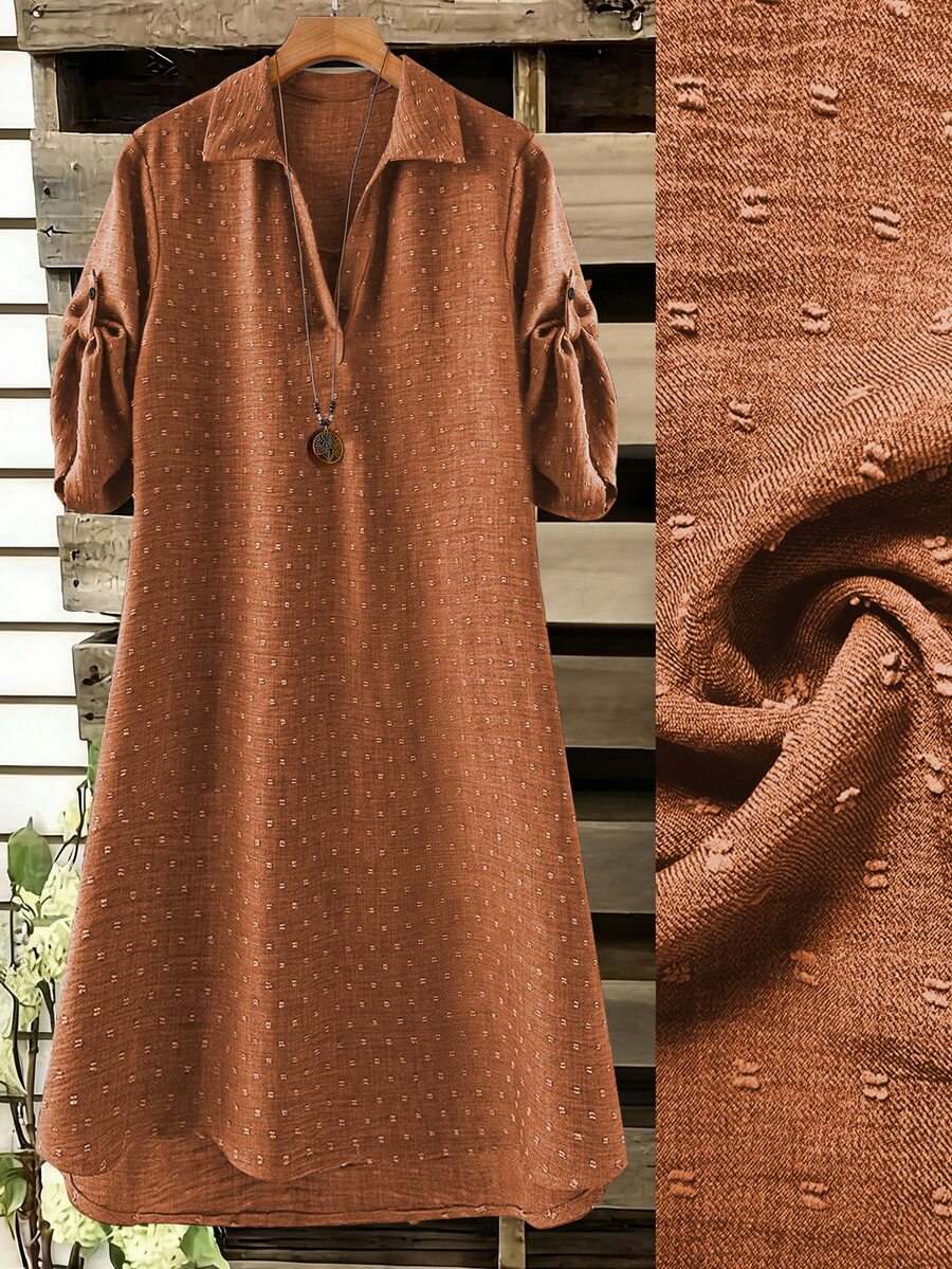 SHEIN 大尺碼女款法式休閒優雅V領長袖洋裝 - 橘色 - 查看 1