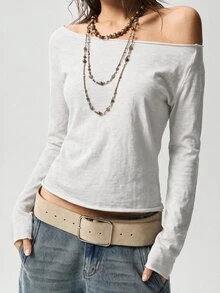 Bohemela 休閒純色針織船領長袖水洗女款T恤 - 白色 - 查看 6