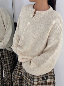 POPSWAY Plus Size Women's Autumn/Winter New Solid Color Button Half-Placket Dropped Shoulder Long Sleeve Sweater - Apricot - View 4