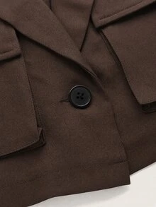 SHEIN EZwear 夏季穿搭翻領翻蓋設計短版西裝外套 秋冬款 - 咖啡棕 - 查看 4