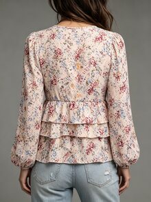 SHEIN Women's Printed Multi-Layer Ruffle Hem Lantern Sleeve Casual Vacation Style Blouse - Apricot - View 2
