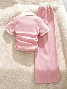 SHEIN Sparklyn Tween女孩 2件/套 英倫風對比領兩件套，華夫格針織面料，上衣配白色對比領... - 粉色 - 查看 2