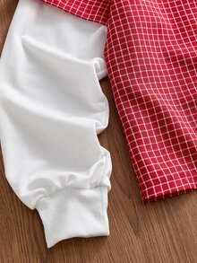 SWAVVY 男士字母刺繡拼接格紋 2 合 1 長袖休閒襯衫 - 紅色 - 查看 6