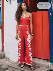 CAJUNI Tropical Vacation Embroidery Flower Cute Jumpsuit - Red and White - View 9