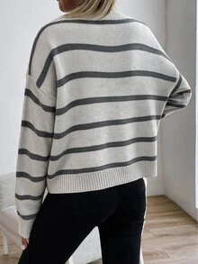 SHEIN Unity 條紋圖案圓領套頭長袖落肩毛衣，適合日常穿著 - 淺灰色 - 查看 2