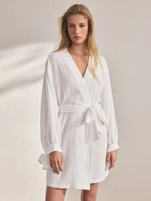 Ocili Women's Solid Color Pure Cotton Minimalist Daily Tie-Up Comfortable Long Sleeve Loungewear Robe Housecoat - White - View 4