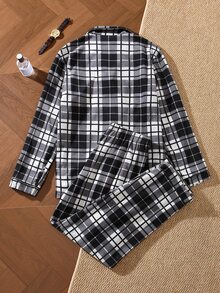 EverLounge Men's Autumn/Winter Flannel Plaid Loungewear Set, Lapel Cardigan Button Long Sleeve Pants Loose Fit Pajama 2 Pieces Set, Suitable For Outdoor Wear - Grey - View 2