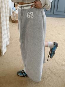 Dazy Plus Contrast Color Letter Korean Style Casual Long Knit Skirt - Grey - View 5