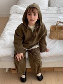 Hapijoa Young Girl Solid Color Zip-Up Hooded Knit Cardigan And Knit Pants Set Winter - Army Green - View 5