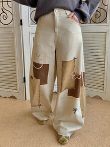 Dazy Plus Pattern Printed Loose Wide Leg Curved Hem Jeans, Casual Vintage Blogger Style New Arrival For Girls Club Beach Blue White Stripe - Apricot - View 2