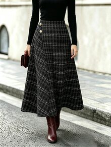 Elenzga Women's Autumn/Winter Vintage Plaid Tweed Skirt With Metal Buttons, Asymmetric Front Placket, Draped A-Line Silhouette - Black and White - View 3