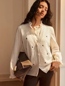 SHEIN Women's Elegant French Embroidered Button Knit Vest Cardigan Everyday Day Time Off White Autumn - Apricot - View 5