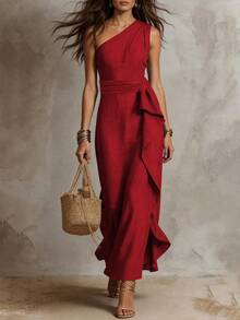Solivie Women's Solid Color One Shoulder Sleeveless Patchwork Ruffle Hem Fashion Long Dress - Red - View 4