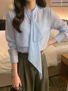 DAZY Solid Color Loose Fit Elegant Formal Vacation Korean Style Spring Autumn Long Sleeve Blouse For Women - Blue - View 5