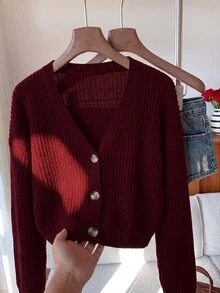 SHEIN EZwear 純色鈕扣前開襟羅紋針織開襟衫，長袖上衣，秋冬針織毛衣 - 酒紅色 - 查看 6