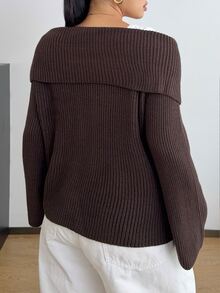 POPSWAY Plus Size Women's Plus Size Collar Double Zipper Solid Dark Brown Ribbed Knit Short Cardigan, Long Sleeve, Suitable For Spring/Autumn/Winter/Back To School/Daily Commute/Outing/Indoor/Outdoor/Date Wear, Versatile Solid Color Knit Cardigan - Coffee Brown - View 2