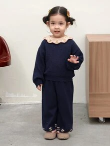 DAZY Baby Girl Contrast Color Long Sleeve Top And Pants Casual Everyday Knit Set - Grey - View 4