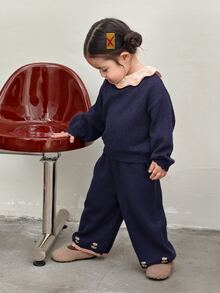 DAZY Baby Girl Contrast Color Long Sleeve Top And Pants Casual Everyday Knit Set - Grey - View 7