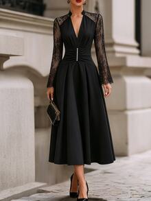SHEIN French Vintage Lace Patchwork Dress With Pearl Waist Decor, Pleated Full Skirt, Long Dress - Black - View 3