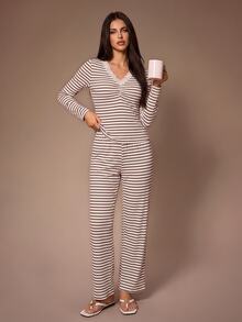 Lazeform Apricot Brown Ribbed Ribbed V-Neck Lace Trim Top And Straight Leg Pants Women's Loungewear 2 Pieces Set - Multicolor - View 1